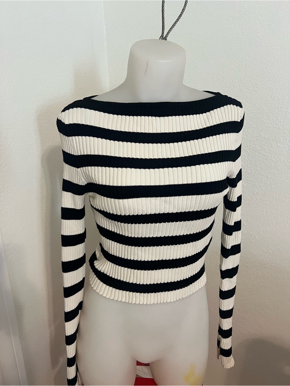H&M Black and White Striped Rib-Knit Long Sleeve Top